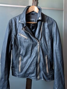 Sofia Lambskin Moto Jacket By MAURITIUS Blue Leather with Zip Pockets